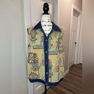 Cottagecore  Beaded Tapestry and Denim Vest in Earth Tones